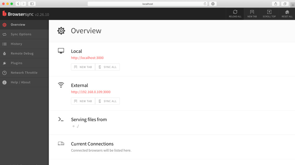 Uživatelské rozhraní Browsersync