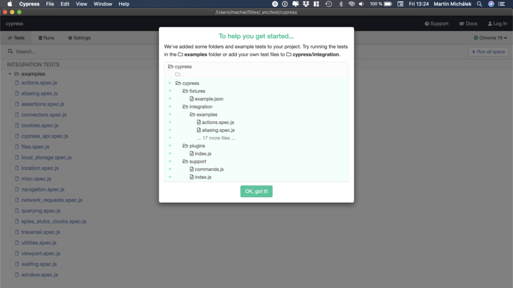 Úvodní obrazovka Cypress.js